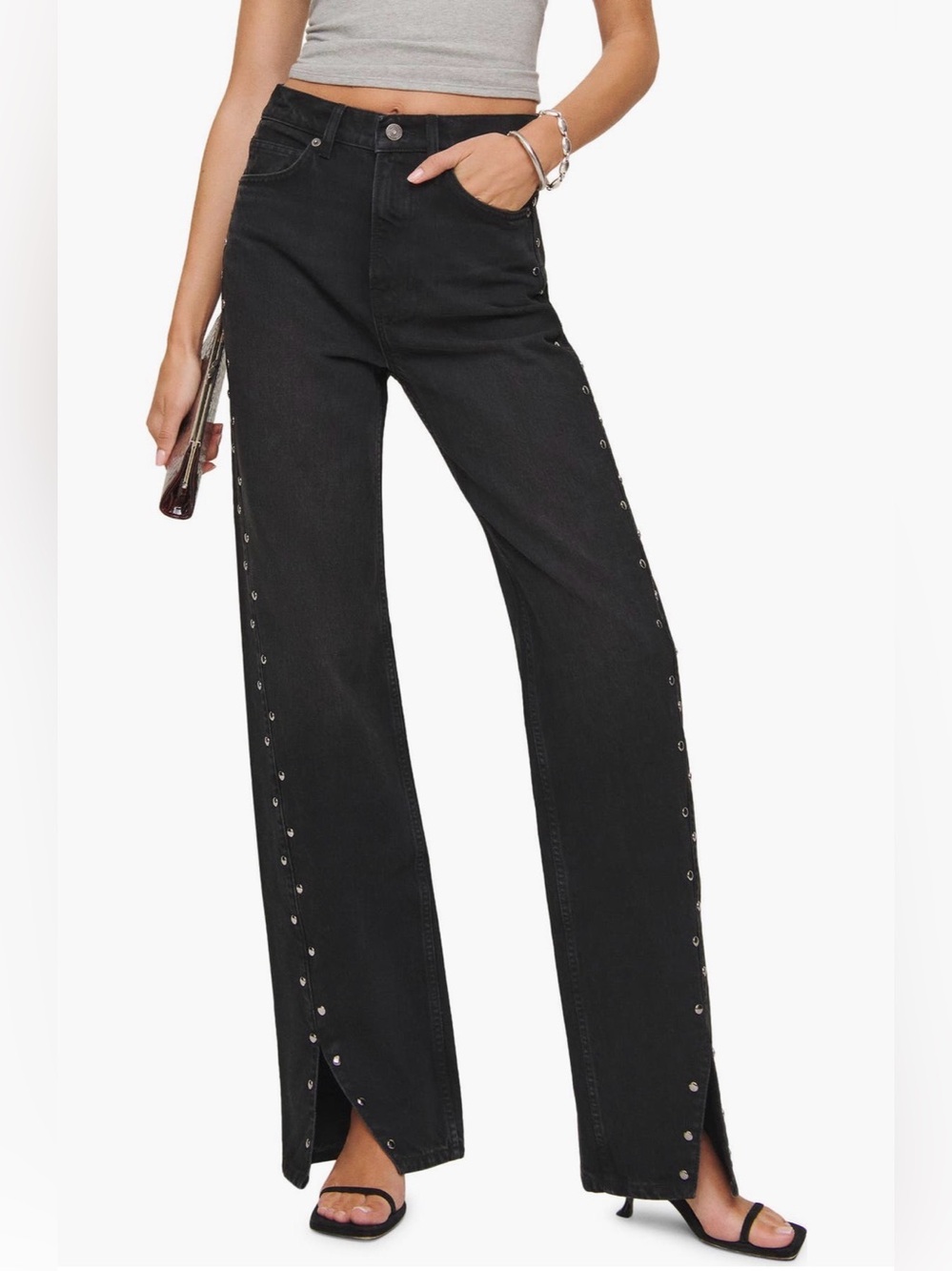 Reformation Cary Studded HighWaist Slouchy WideLeg Jeans vana studded size26 NWT